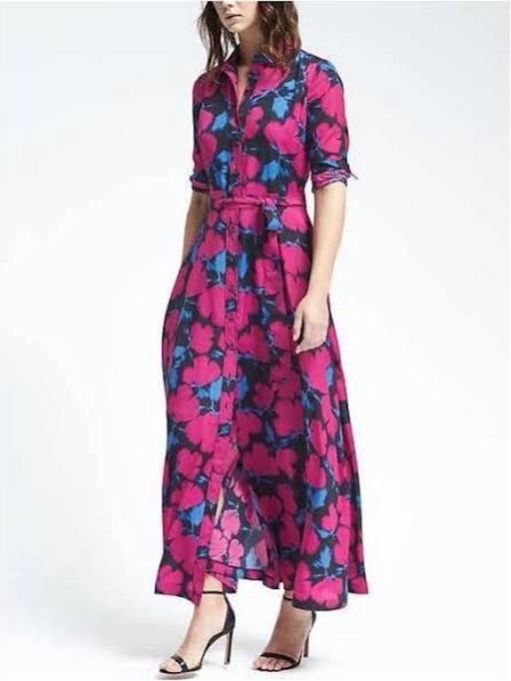 Banana Republic Floral Maxi Dress Collared Button Down Pink Blue Flowy Romantic